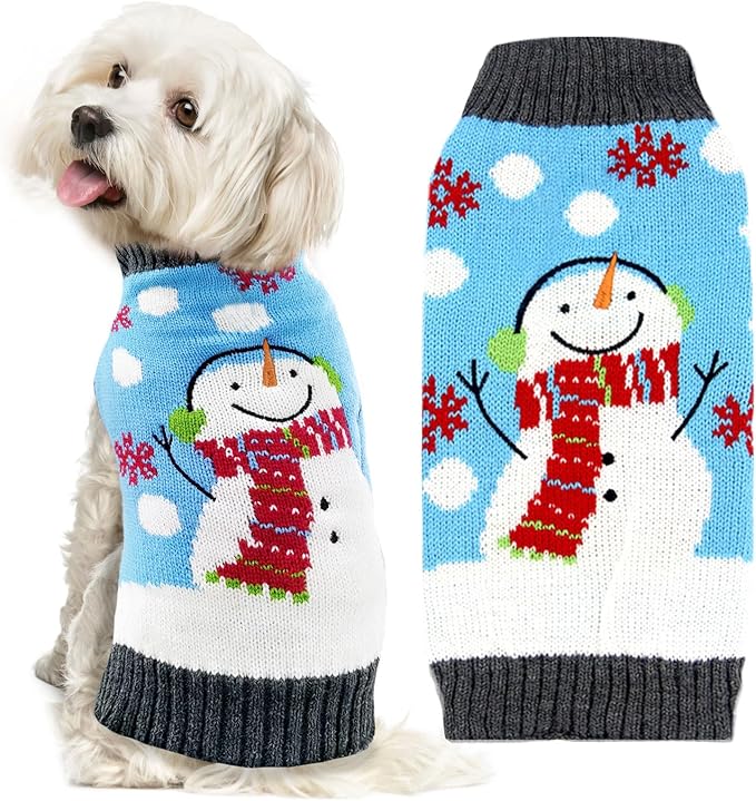 Pet Christmas Dog Sweaters Cute Animal Snowman Printed Puppy Xmas Costumes Winter Warm Turtleneck Jumpers Puppy Knitted Clothes Cat Outfits (S, Blue Snowman)