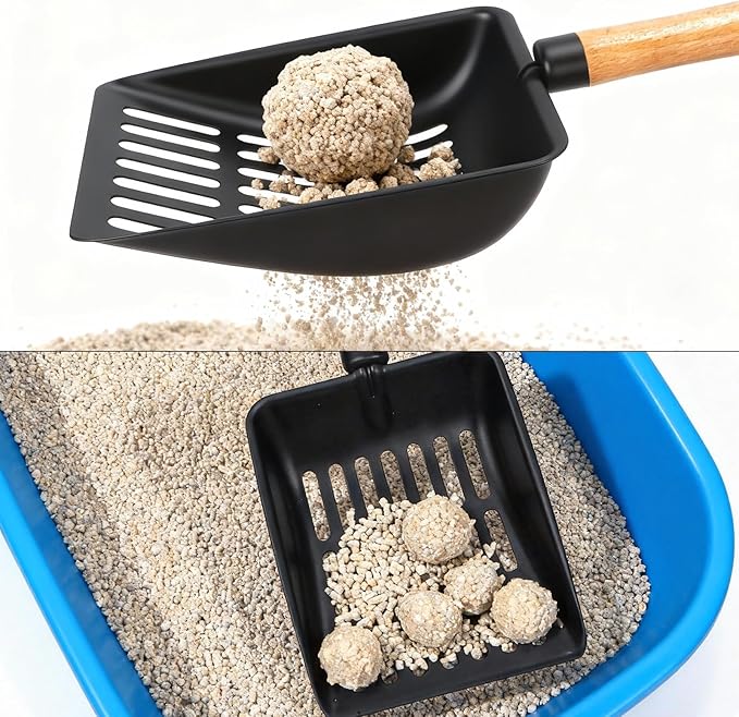 Cat Litter Scoop, Metal Litter Scoop, Heavy Duty Metal Cat Scooper for Litter Box, Black Sifter Scoop for Pellets, Wooden Handle Scoop with Hole, Kitty Necessity (5.5" Handle with Holder)