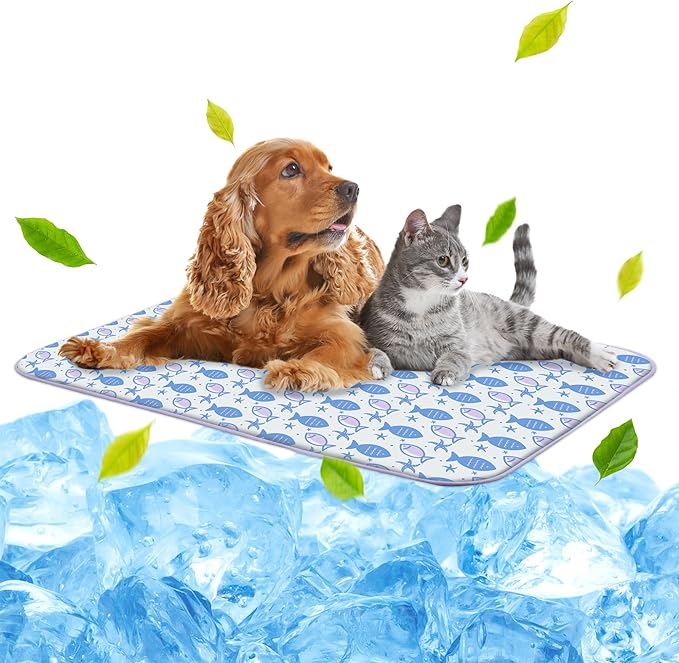 NWK Pet Cooling Mat - Ice Silk Cooling Mat for Dogs & Cats Portable & Washable Pet Cooling Blanket, Car Seats, Beds for Summer (1, Purple Fish, 27‘’ X 39‘’ X 0.3'')