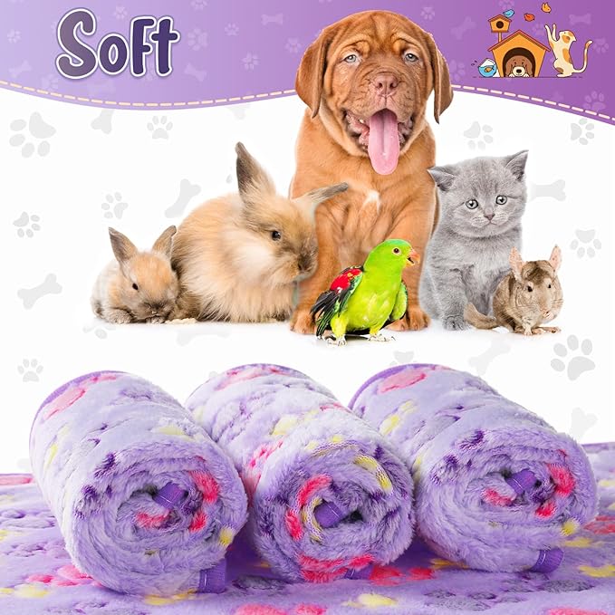 Tatuo 4 Pcs Dog Blanket for Pet Puppy Teething Toys Paw Print Fleece Blanket for Pet Cat Soft Warm Sleep Mat Guinea Pig Cage Mat(Small(24 x 16 Inch),Purple)