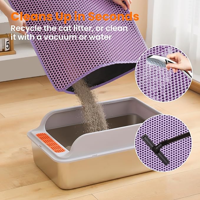 Jumbo Cat Litter Mat, 46x26 Inches Double Layer Honeycomb Litter Trapping Mat, Non Slip Waterproof Urine Proof Extra Large Cat Litter Box Mat, Kitten Supplies and Essentials, XXL, Purple