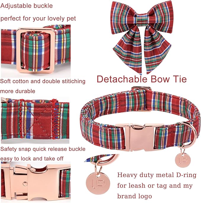 Christmas Plaid Dog Collar with Bow, Red and Blue Check Adjustable Pet Collar with Quick Release, Christmas Stripes Bowtie Collar for Small Medium Large Dogs M