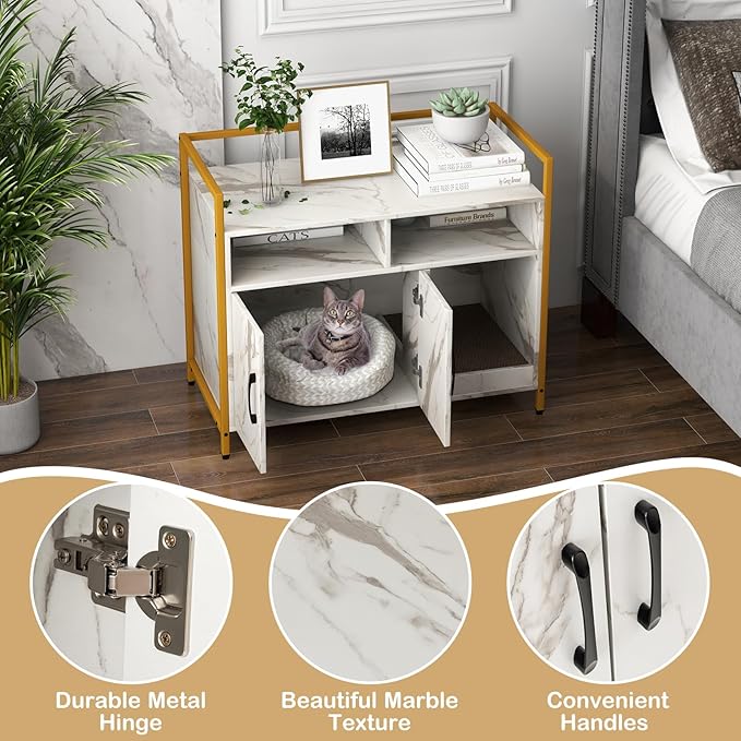 Giantex Cat Litter Box Enclosure - Cat Washroom Hidden Furniture with Front Entry, Scratcher, 2-Door Storage Cabinet, 2 Compartments, Air Vents, Metal Frame, Wooden Pet Crate House (Marble White)