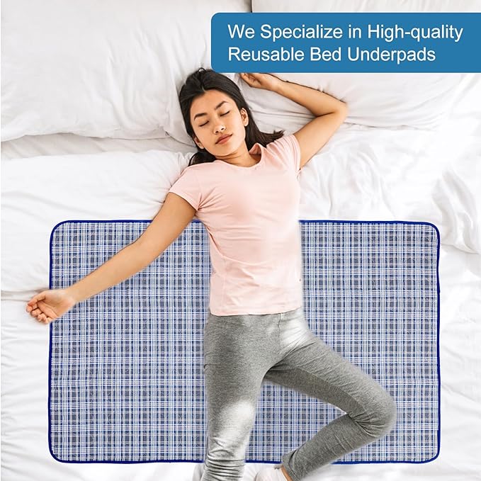 OUTCREATOR® Washable Bed Pads 34" x 54" (Pack of 2) for Incontinence Mattress Protector, Reusable Underpads for Elderly, Adults, Kids, Pets with Anti-Slip Bottom (Light Blue Plaid)