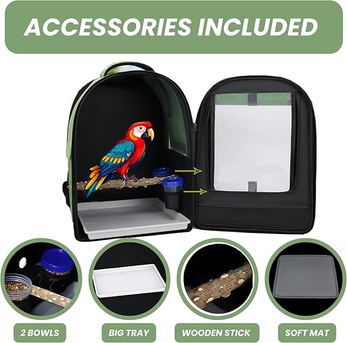 Bird Backpack Travel Cage for Cockatiel, Parrot, Parakeet With 2 Bowls Tray and Standing Perch - African Grey Carrier for Large and Small Birds (Green)