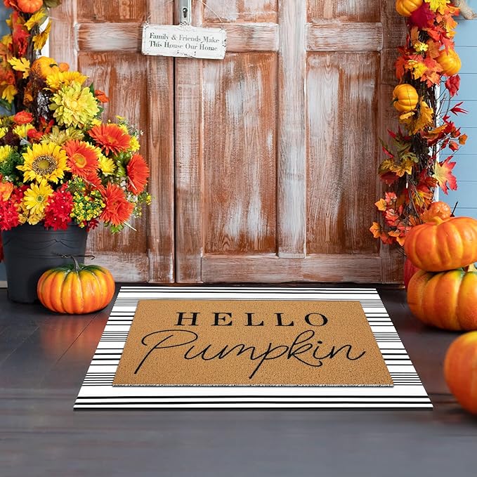 Tinideya 2 Pcs Door Mat Welcome Non Slip Coir Mats Floor Layering Doormats Seasonal for Front Porch Entryway Decor(Hello Pumpkin)