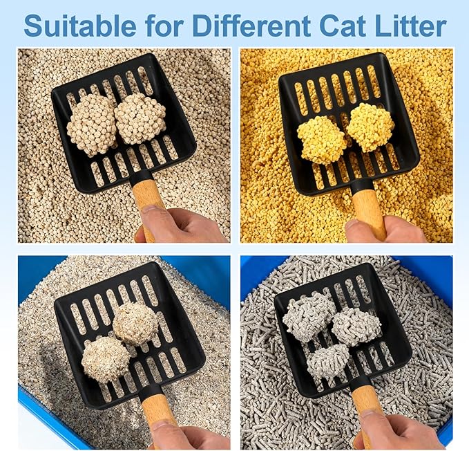 Cat Litter Scoop, Metal Litter Scoop, Heavy Duty Metal Cat Scooper for Litter Box, Black Sifter Scoop for Pellets, Wooden Handle Scoop with Hole, Kitty Necessity (5.5" Handle with Holder)