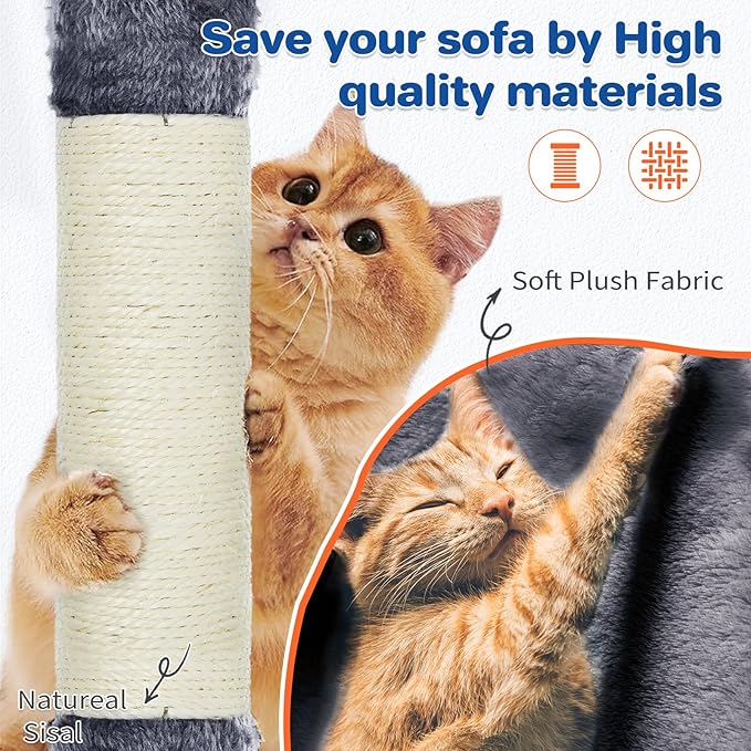 Cat Tree Tower 63in Multi-Level Cat Tower for Indoor Cats with Sisal Scratching Posts, Condo, Hammock, Dangling Ball and Extended Platform for Cats to Play, Grey