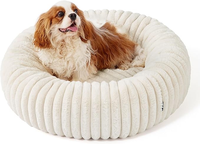 Bedsure ComfyFleece™ Donut Medium Dog Bed - Washable Faux Fur with Corduroy Fleece & Anti Slip Bottom, Round Pet Bed with Removable Cover, Cream, 30x30x8 inches