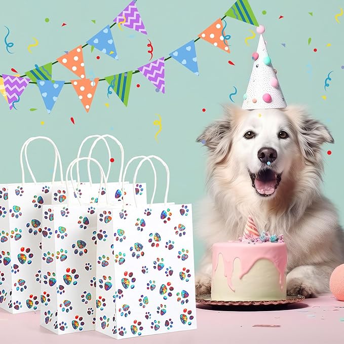 Blulu 20 Pcs Puppy Dog Paw Gift Bags with Paper Twist Handles, Dog Gift Paper Paw Treat Goodie Bags for PET Treat Party Favor, 6.3 x 3.1 x 8.6 Inch(Dazzling Paws)
