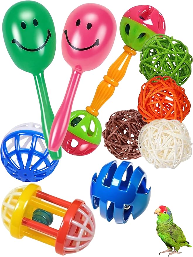 10-Pack Bird Toys for Parrots – Natural Rattan & Plastic Bell Balls – Safe, Fun Cage Decor & Foot Exercise (1.5'' - 5.5'')