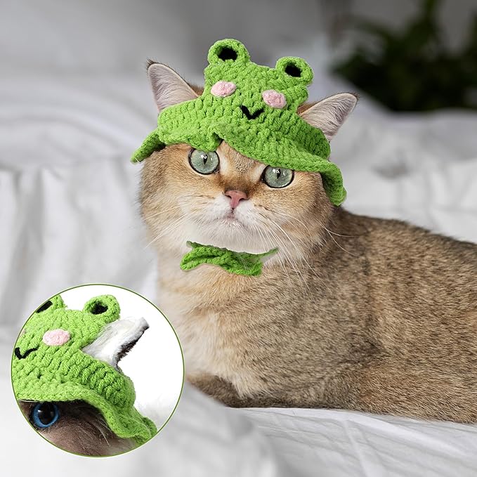 Charming Cat Hat Small Cartoon Themed Knit Cute Cats Bonnet Soft Festive Cats Costumes Halloween Christmas Holiday Party Clothes Head Wear Accessories for Puppy Cat Kitten Dogs Pets Animals (Green)