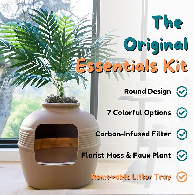 Good Pet Stuff Hidden Litter Box Planter, Decorative Cat Litter Enclosure with Carbon Filter, Artificial Plant, Easy Clean, Indoor Design, Original Round Style, Essentials Kit, Mocha Brown