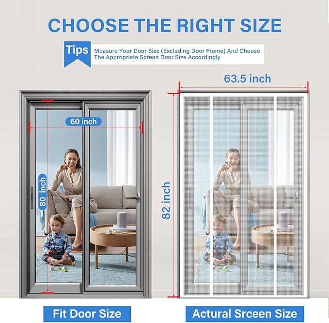 Magnetic Screen Door Upgraded PET Mesh Stronger Than Fiberglass and Polyester,Hands Free,Keeps Bugs Out,Pet & Kid Friendly,Suitable for Sliding Door,Large Patio Door and French Door-60''x80''