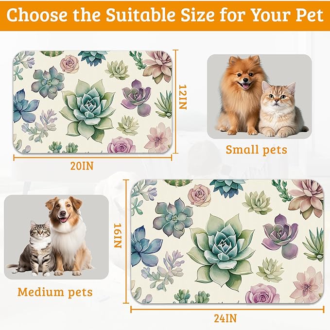 Dog Bowl Mat,Cactus Pet Feeding Mat for Floors Waterproof,Succulents Absorbent Dogs Placemat for Food and Water Quick Dry Pet Cat Feeding Mats with Non Slip Bottom 16" x 24"
