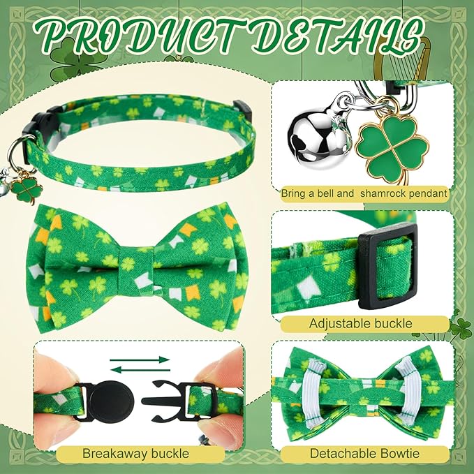 Hsei 6 Pcs St. Patrick's Day Cat Collar Bulk with Bow Tie Bell Irish Lucky Shamrocks Clover Green Hats Rainbows Kitten Adjustable Breakaway Bowtie Collar for Cats Small Dog Holiday Party Favors Gifts
