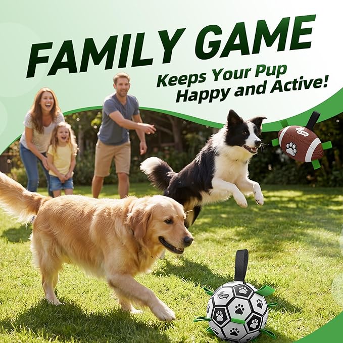 QDAN Dog Soccer Ball Football Set - 2 PCS Dog Balls with Strap for Tug of War, Soccer Ball Football Toys for Small Medium Large Dogs, Herding Ball for Dogs, Dog Birthday Toy
