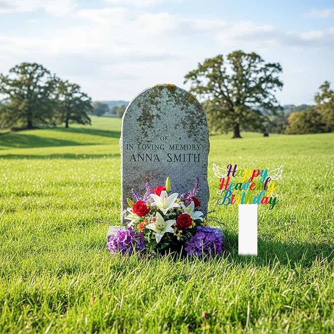 BUoonyer Stake Graves Cemetery Decorations - Happy Birthday in Heaven Metal Memorial Grave Markers, Happy Heavenly Birthday Graveyard Sympathy Plaque, Graveside Burial Decor Sign for Yard Garden