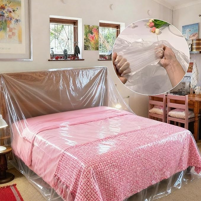 Plastic Bed Cover - Waterproof Furniture Sofa Couch Protector from Cat Full Extra Large King Queen Bed Storage Dust Cover for Moving