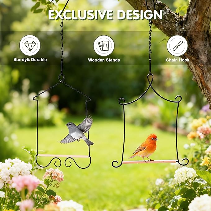 4PK Metal Frame Hummingbird Swings and Perches with Wooden Dowel Black Bird Swing Outdoor Bird Perch Humming Bird Swing