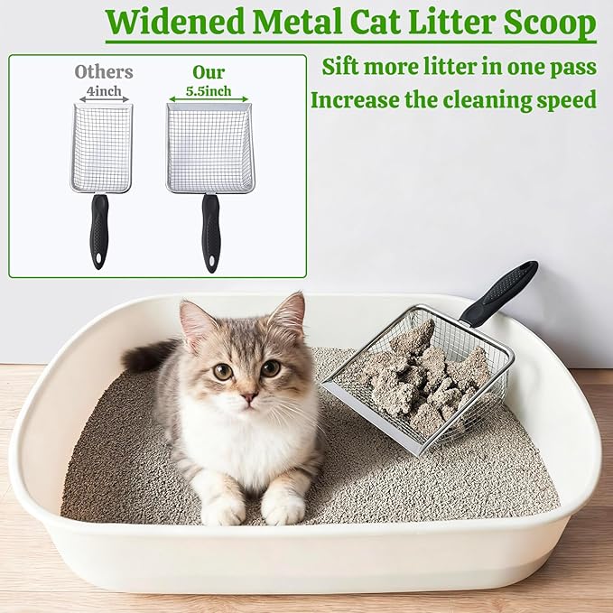 Widened Metal Cat Litter Scoop, Cat Scooper for Litter Box, Stainless Steel Pellet Kitty Litter Scoop, Cat Litter Scooper with Sticky Hang Hook for Easy Storage, Quickly Filter Litter Lumps(6mm Mesh)