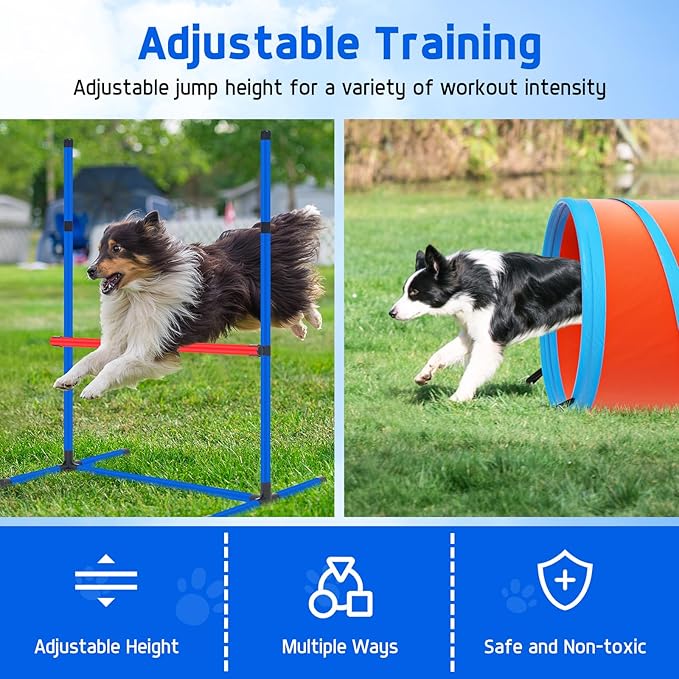 Dog Agility Equipment, Dog Agility Course Backyard Set Obstacle Course Backyard Includes Adjustable High Hurdle,6 Weave Poles,Extended Tunnel,Jump Ring,Square Pause Box,2 Balls,Whistle,2 Carrying Bags