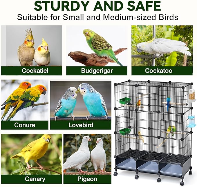 Encrypted Bird Cage (46" x 36" x 12"), with Wooden Perches, Metal Parakeet Cage with Slide-Out Tray, Water Bottle&Feeder, Bird Cages for Parrot,Parakeets,Cockatiel,Small Mid-Sized Birds