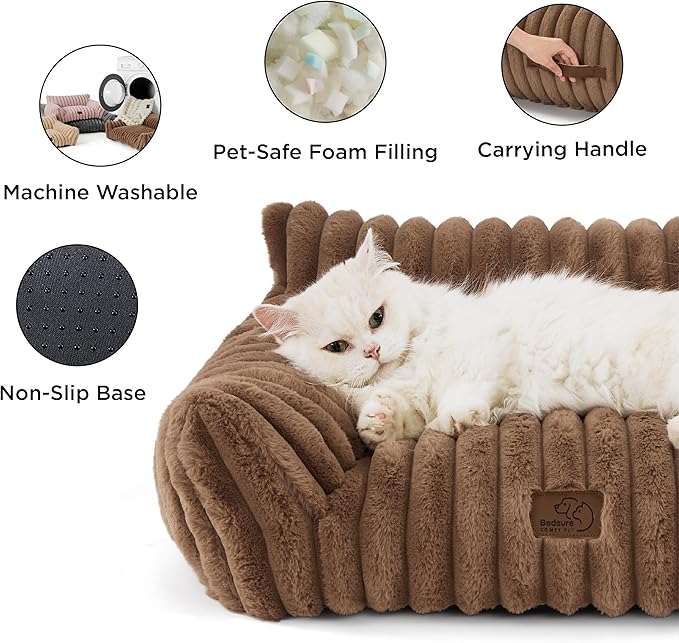 Bedsure ComfyFleece™ Cute Cat Couch for Pets - As Seen on TV on Good Day New York, Fuzzy Cats beds for Indoor Cats with Removable Washable Cover, Supportive Pet Sofa, 24inch, Camel Brown