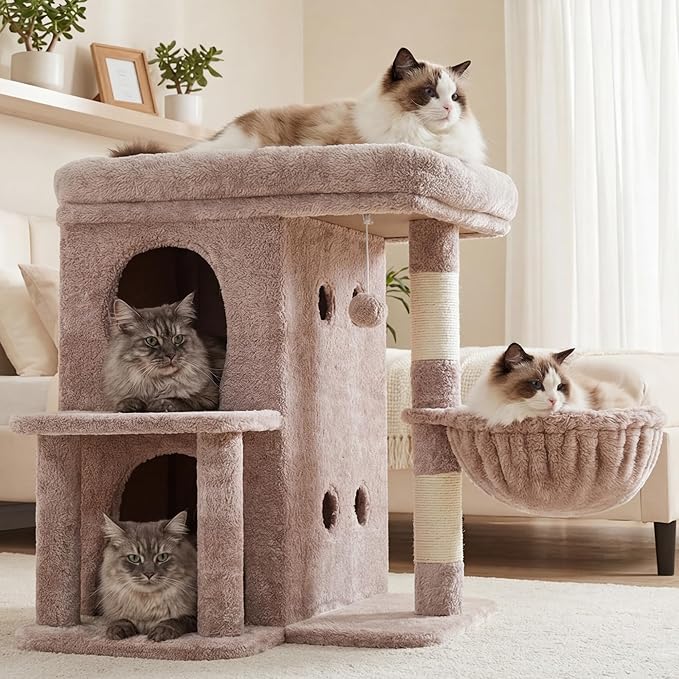 Heybly Cat Tree, 25.6-inch Cat Tower with Spacious Top Perch for Large Cats, Stair-Style Cat House Furniture with Dual-Layer Condos, Sisal Scratching Posts, Cozy Basket & Pompom, Muchroom HCT204SMU