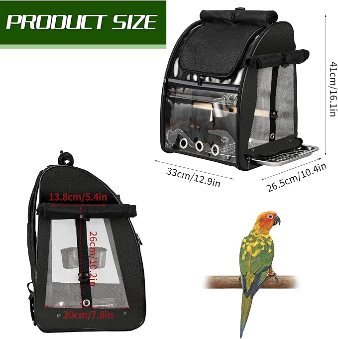 SUERTREE Bird Carrier Bag with Indestructible Stainless Steel Mesh, Bird Travel Cage with Stand, Easy to Clean Backpack for Parrot, Portable Bird Travel Bag, Black