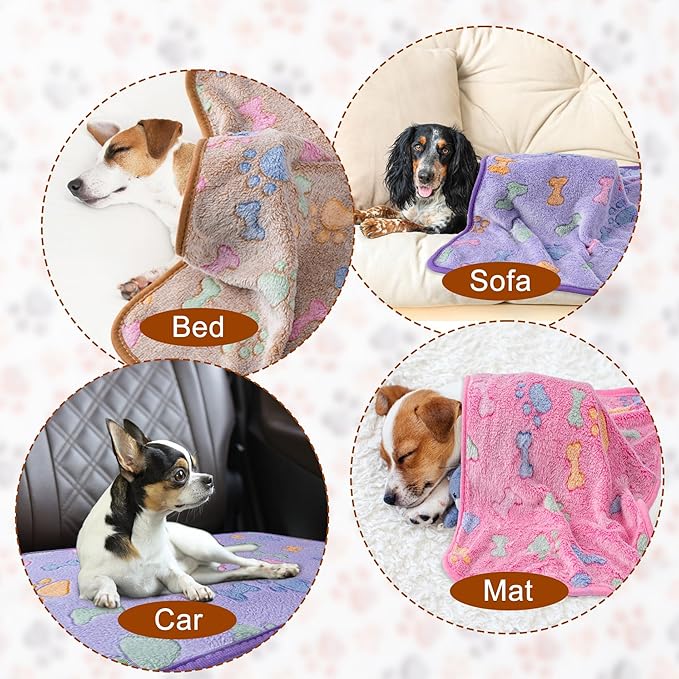 1 Pack 3 Blankets Super Soft Fluffy Premium Fleece Pet Blanket Flannel Paw Printed Throw for Dog Puppy Cat (Small 23x16'', Purple, Pink, Brown)
