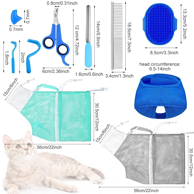 10 Pcs Cat Bathing Bag Set Pet Mesh Shower Bag Anti Bite and Scratch Pet Grooming for Washing Brush, Cat Muzzle, Nail Clipper, Nail File, Tick Tool (Blue and Gray)