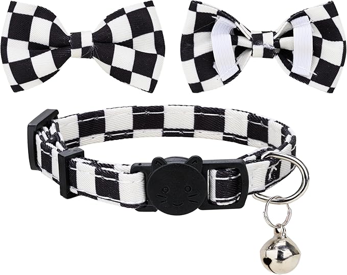 Collar for Cat Pet Breakaway with Bell Bowtie Detachable Bow Adjustable Safety Kitten Puppy Girl Boy 2pcs Plaid & Solid-Black