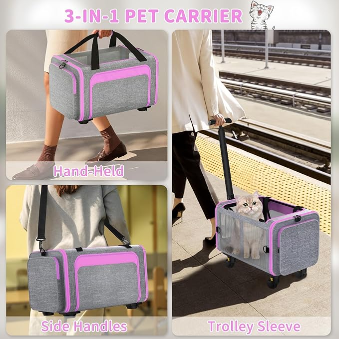 Rolling Pet Carrier with Detachable Wheels - 18x11x11 TSA Airline Approved for Southwest Delta United American, Soft Sided Expandable Travel Bag for Small Dogs & Cats up to 15Lbs, Fits Under Seat