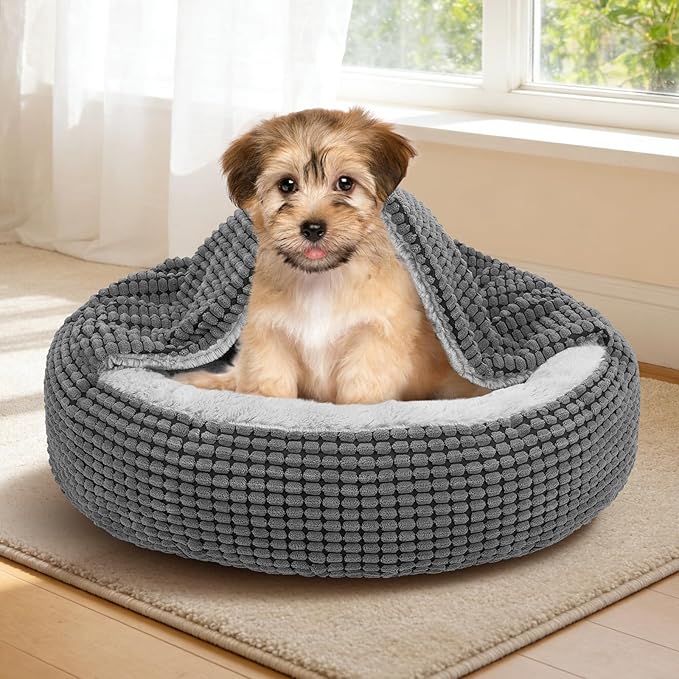 SIWA MARY Small Dog Bed with Attached Blanket, Cozy Donut Cuddler Anti-Anxiety Hooded Pet Beds Calming Cave Bed. Orthopedic Round Puppy Beds for Dogs or Cats Washable, Anti-Slip Bottom, 23inch