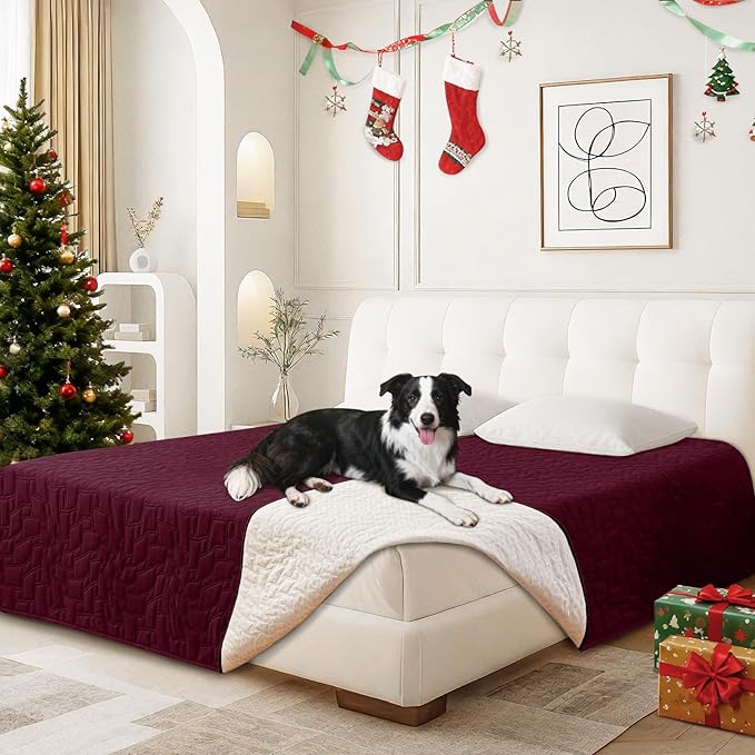 Waterproof Dog Bed Cover Pet Blanket, Soft Couch Cover for Dogs Washable, Non-Slip Dog Blanket Protect Furniture Couch Sofa Car for Puppy Large Dogs Cat Christmas (82x102 Inch, Burgundy)