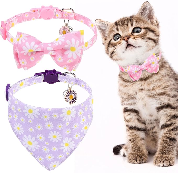 EXPAWLORER Cute Cat Collar Breakaway with Bells - 2 Pack Adjustable Floral Pet Collar with Removable Bow Tie and Bandana, Safety Buckle for Girl Boy Cats Kitten, Pink Purple Daisy