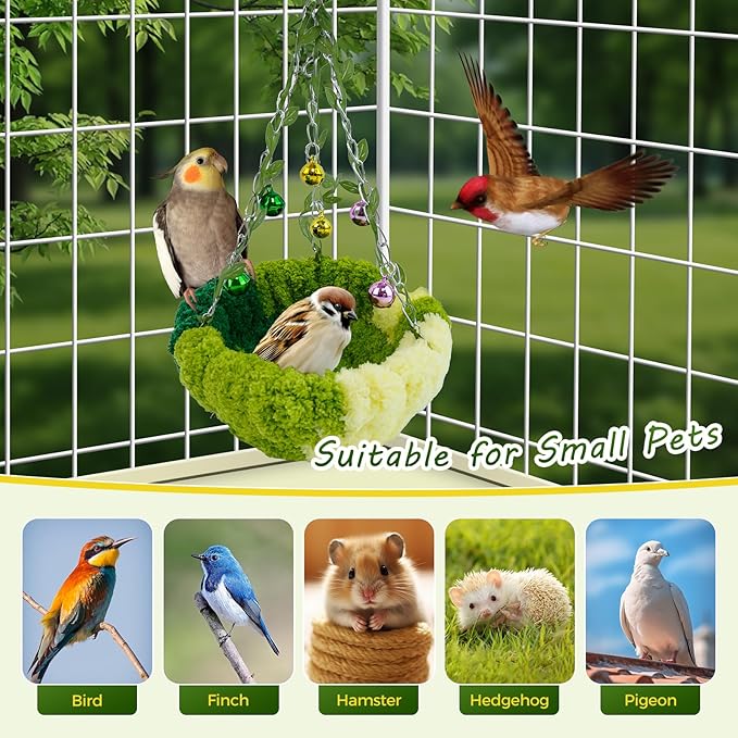 Bird Nest with Bell for Cage,Plush Hanging Bird Bed for Parakeet Indoor & Outdoor,Breeding Bird House for Conure,Budgie,Cockatiel,Lovebird,Canary,Finch,Hamster,Small Pets,Warm Nest,Green L