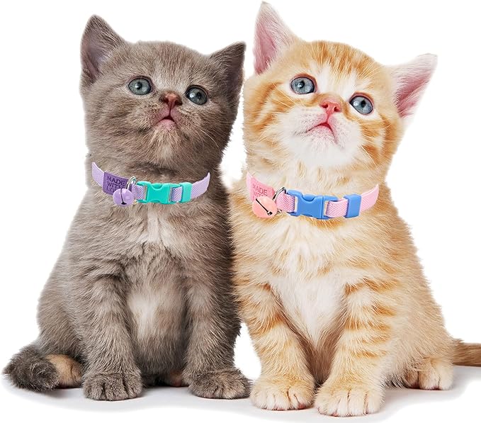 Elastic Cat Collar 2 Pack of Safety Quick Release Cat Collars with Bell Anti-Suffocation Kitten Puppy Collars(Pink+Lilac)