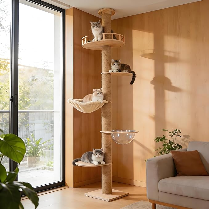 Floor to Ceiling Cat Tree, Adjustable Height (55-115in), 4 Level Tall Cat Tree Tower, Cats Activity Center with Scratching Post, Jump Platform, Hammock & Capsule, Space-Saving Design for Indoor Cats