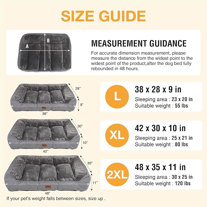 Orthopedic Dog Bed for Extra Large Dogs - Extra Thick Supportive Dog Couch Bed, Pet Beds Sofa with Waterproof Washable Cover & Non-Slip Bottom, Grey, 48x35 Inch