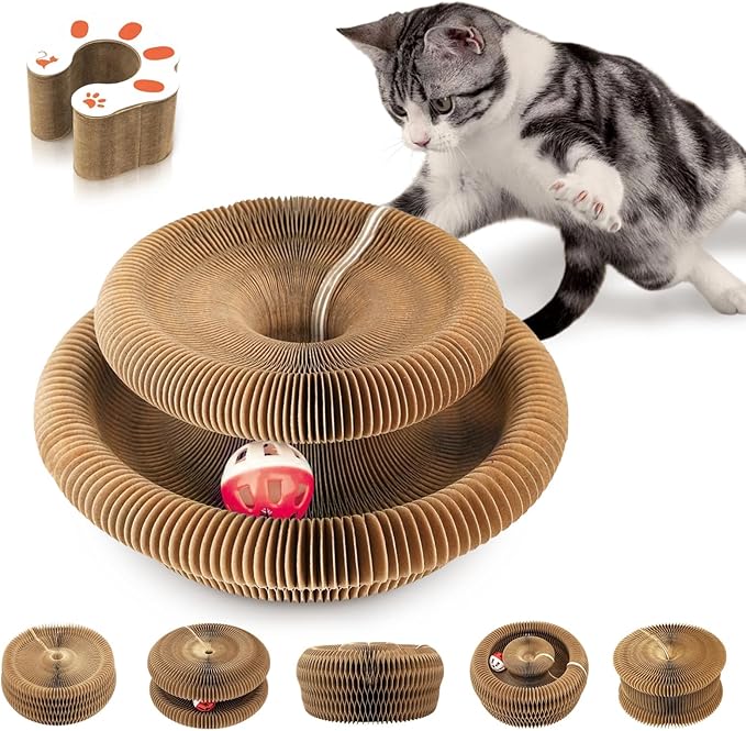 Collapsible Cats Cardboard Scratcher, Interactive Cat Toys for Indoor Cats, Scratch Pad Shape Shifting Ball Track with Bell, Magic Organ Cat Toy for Chase & Scratch Easter Toys Gift for Kitties Paw
