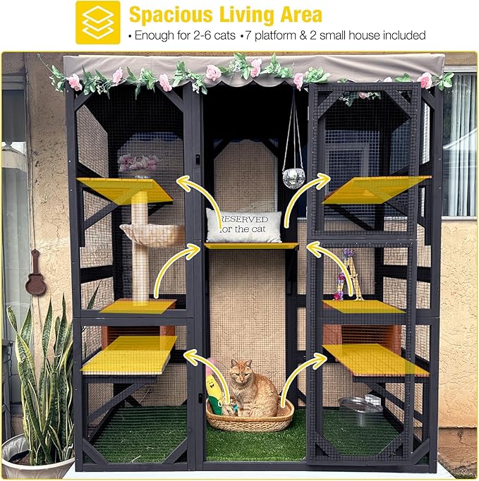 Aivituvin Catio Outdoor Cat Enclosure with Scratch Post, Hammock, Large Window Cat House for 2-6 Mulitiple Cats Walk in Kitty Cage with Tarp Roof 70" Black