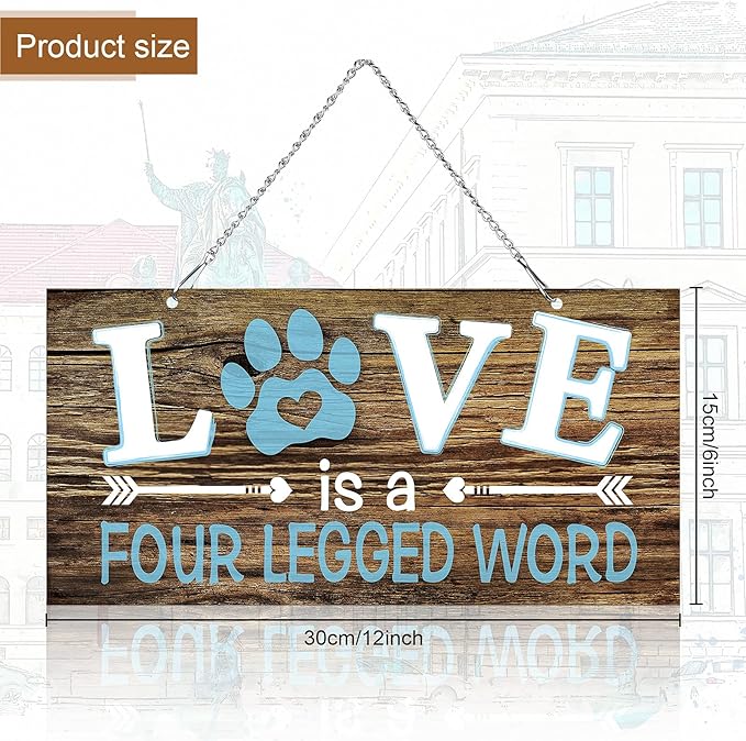 Dog Wall Decor Room Love Is a Four Legged Word Pet Paw Sign Dog Vintage Metal Hanging Decorative Signs Plaque Wall Decorative for Christmas Pet Lover Gifts Thanksgiving(12 x 6 Inch)
