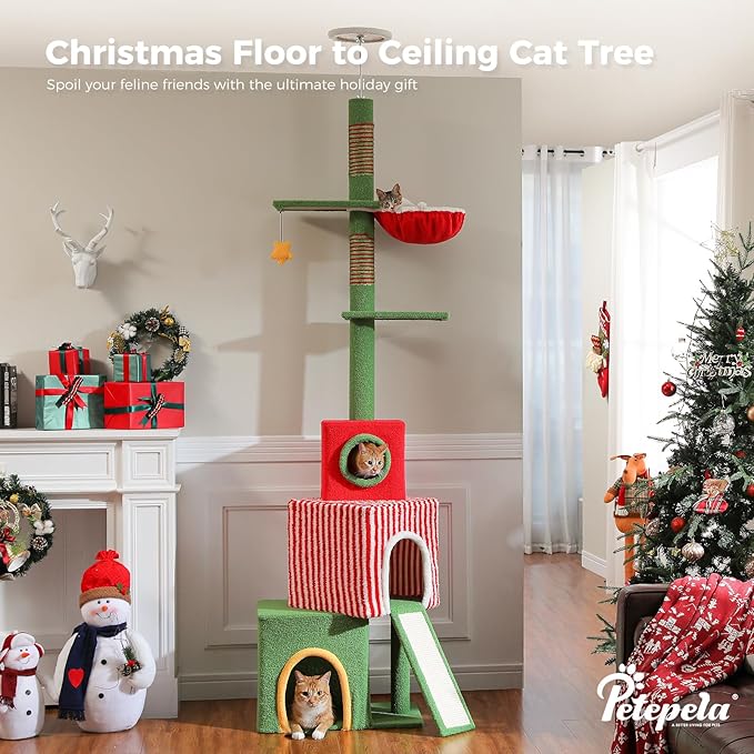 PETEPELA 83-108'' Floor to Ceiling Christmas Cat Tree for Large Indoor Cats, Tall Cat Tower with Adjustable Height with 3 Large Cat Condos, Cozy Hammock, Scratching Posts, Green/Red