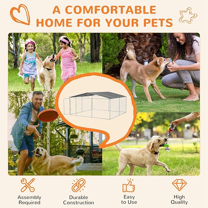 PawHut Outdoor Dog Kennel, Heavy Duty Dog Run Outdoor Fence with Waterproof Cover, Galvanized Chain Link, Secure Lock, for Large Breeds, Chickens, Ducks, 15' x 15' x 7.5'