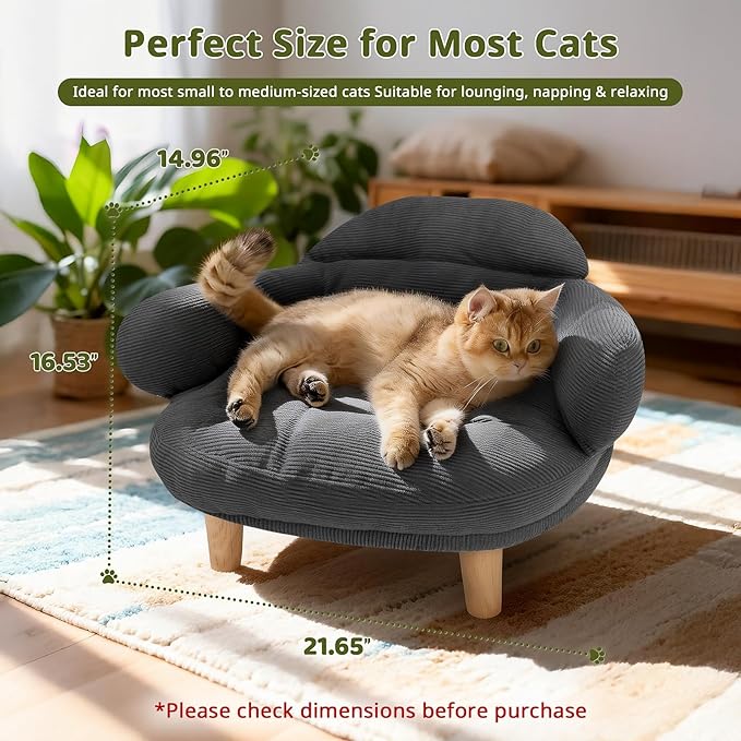 Cat Sofa Furniture-Style Pet Bed with Removable Cotton Velvet Cover, Solid Pine Wood Legs, for Cats and Small Dogs, Gray