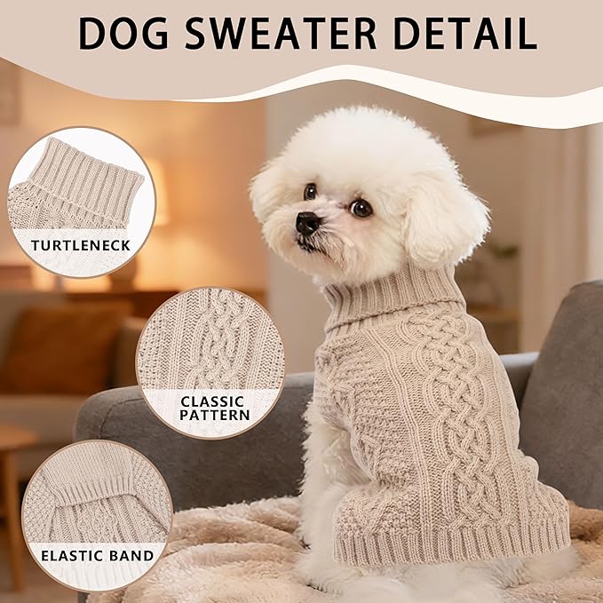 Dog Sweaters Small Dog Clothes Winter Turtleneck Puppy Sweater Warm Pet Cat Sweater Doggy Pullover Outfit with Twisted Design XS~XL (Beige, X-Large)