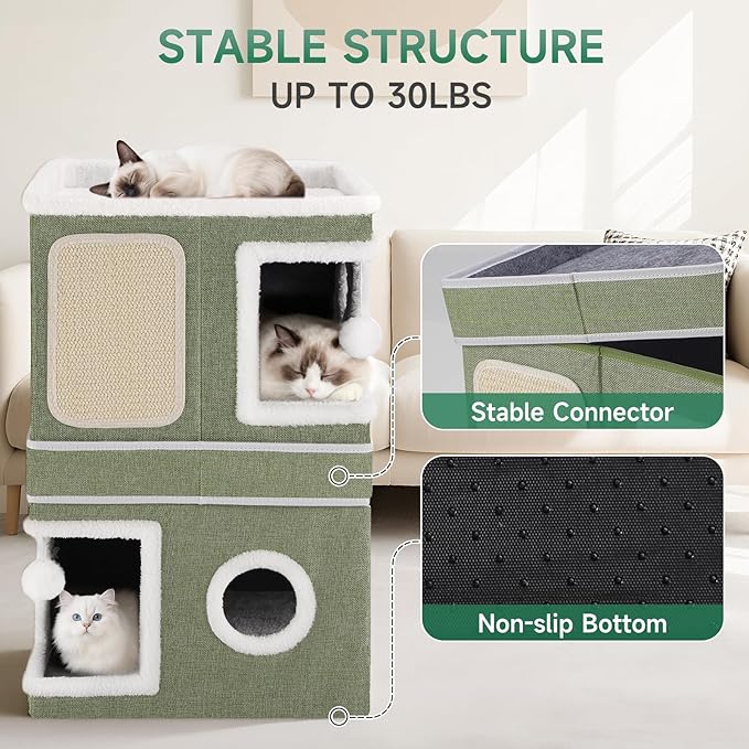 2-Storey Cat House for Indoor Cats, Separate Into 2 Large Cat Bed Cave with Hideaway Condos, Scratch Pads, Hanging Balls, Foldable Indoor Cat House, Cat Cube for Multiple Cats Kitten, Green