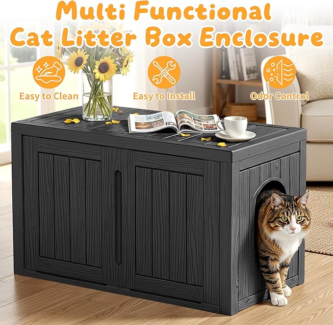 Cat Litter Box Enclosure,Multi-Functional Hidden Litter Box Furniture Cabinet with Adjustable Partition & Side End Table, Indoor Outdoor Cat House with Double Doors,Easy to Clean & Assemble, Black